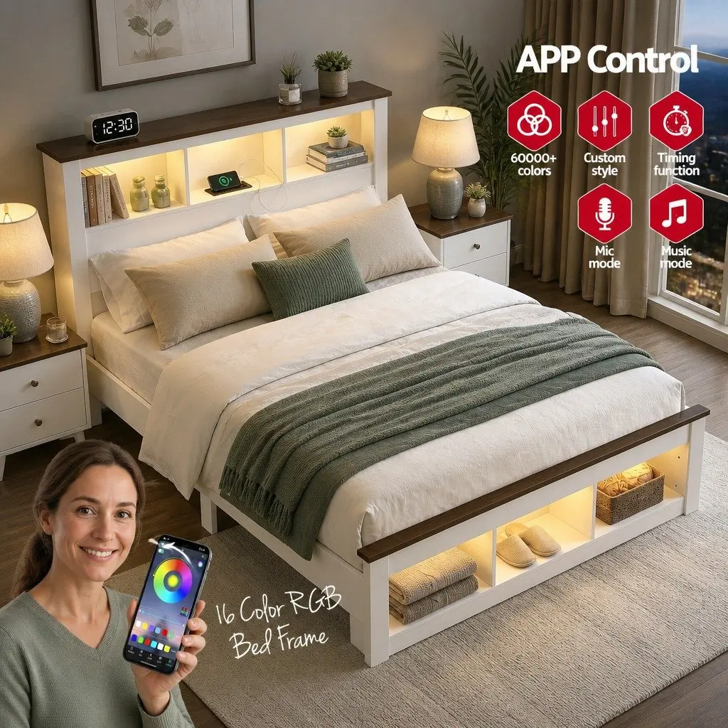 Queen Bed Frame White Wooden Bookcase Headboard Footboard with Storage and Charging Station