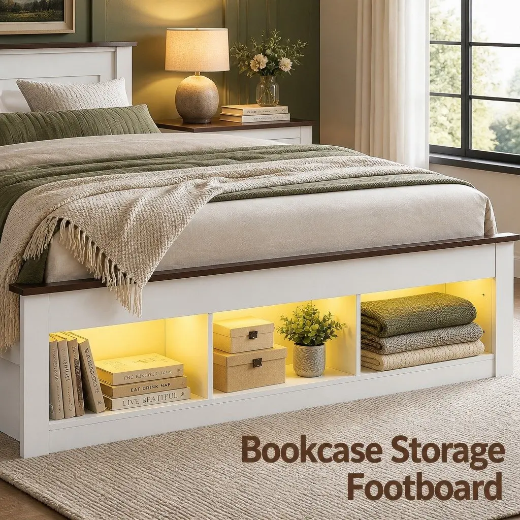 Queen Bed Frame White Wooden Bookcase Headboard Footboard with Storage and Charging Station