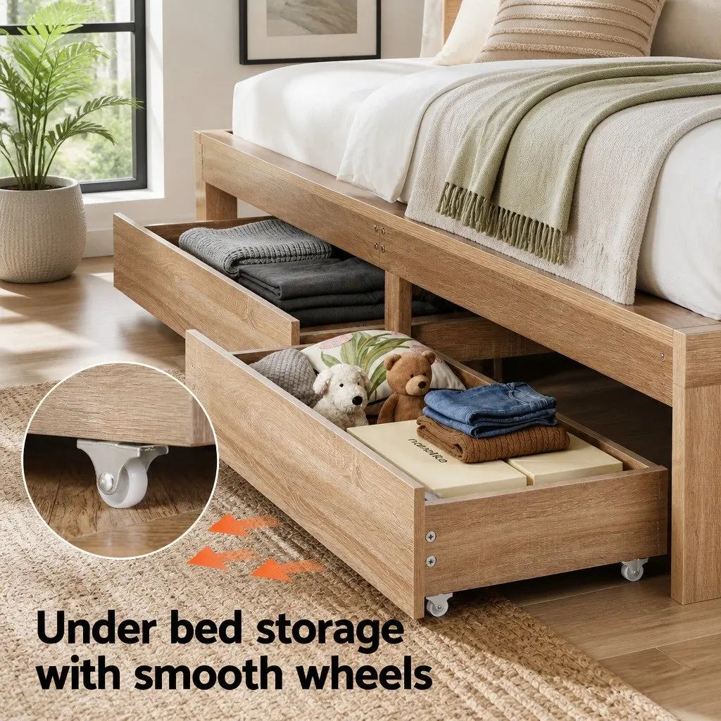 King Single Bed Frame with 2 Storage Drawers Wooden Bedroom Furniture