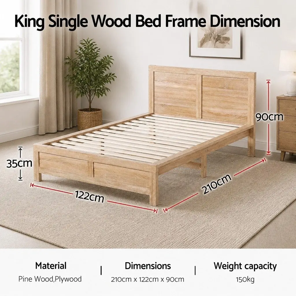 King Single Bed Frame Walnut Wooden Base Slats Support Legs Stable Construction
