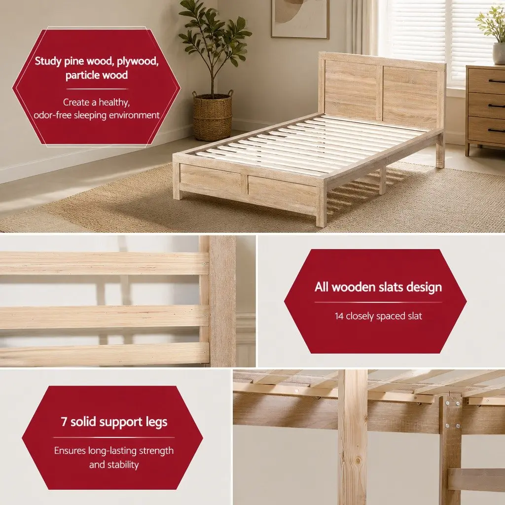 King Single Bed Frame Walnut Wooden Base Slats Support Legs Stable Construction