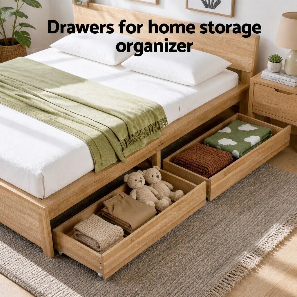 Queen Size Bed Frame with Storage Drawers Wooden Bedroom Furniture Slat Base