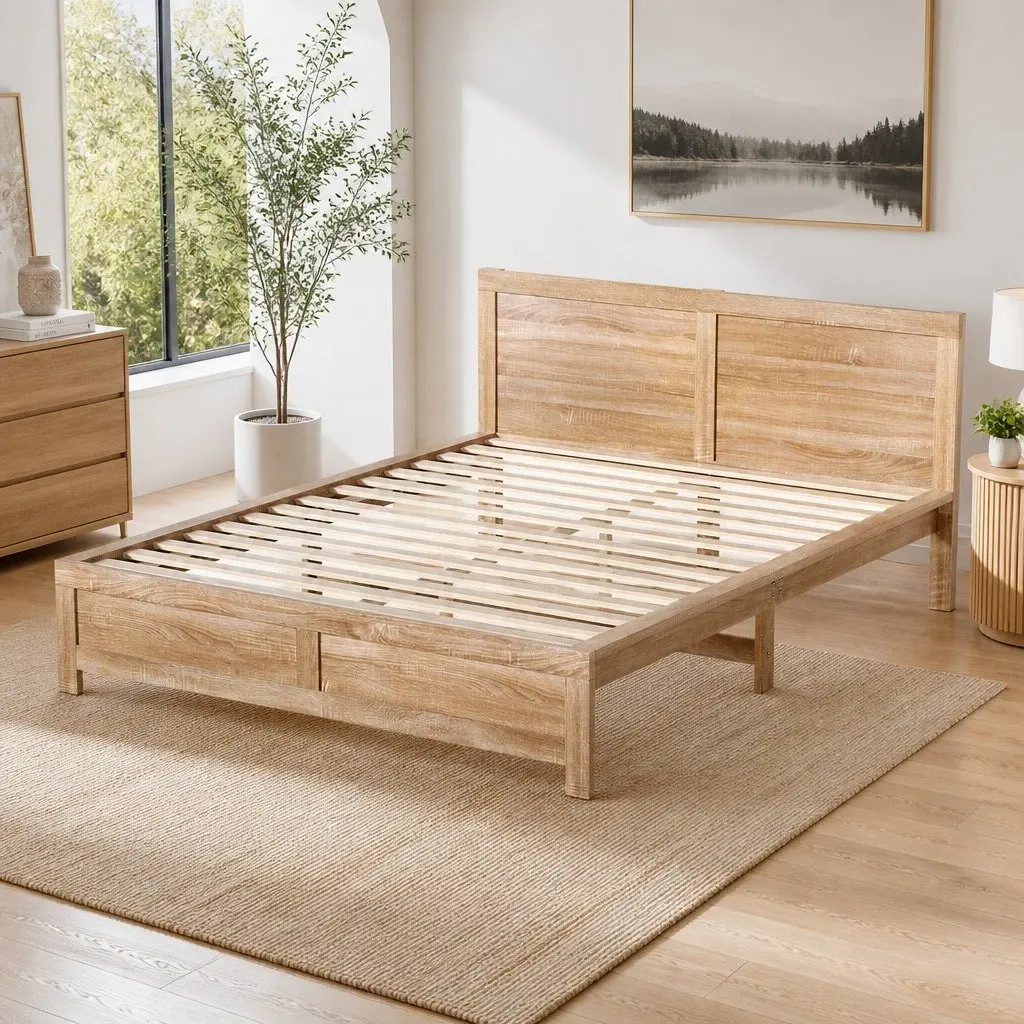 Queen Size Wooden Bed Frame with Headboard Modern Bedroom Furniture Solid Pine