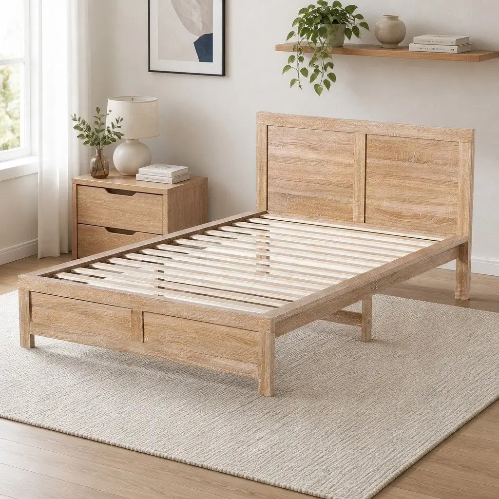 Single Bed Frame Walnut Colour Sturdy Wooden Base For Adults Kids Bedroom