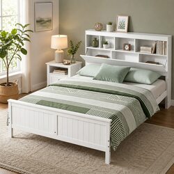 Queen Bed Frame with Storage Headboard and Footboard Wooden Base White