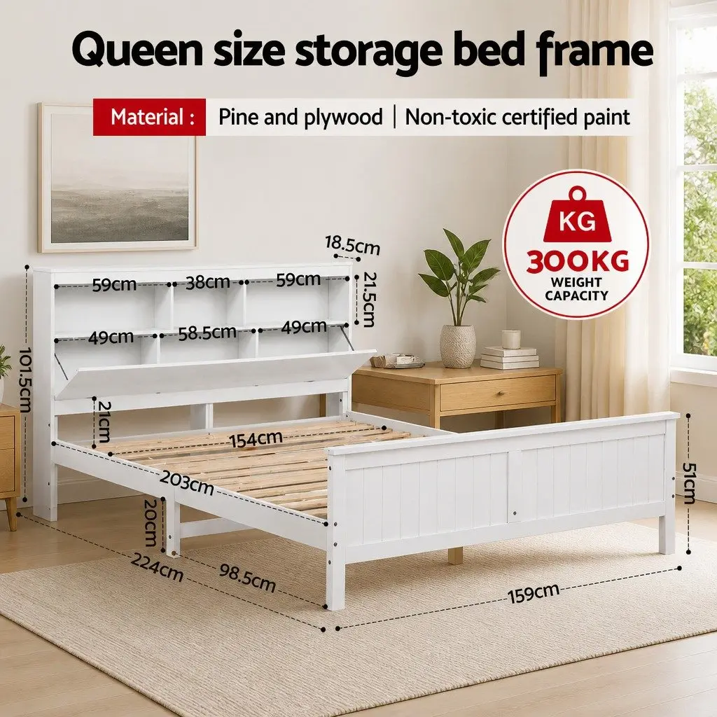 Queen Bed Frame White Wooden Bed Base Storage Headboard Footboard
