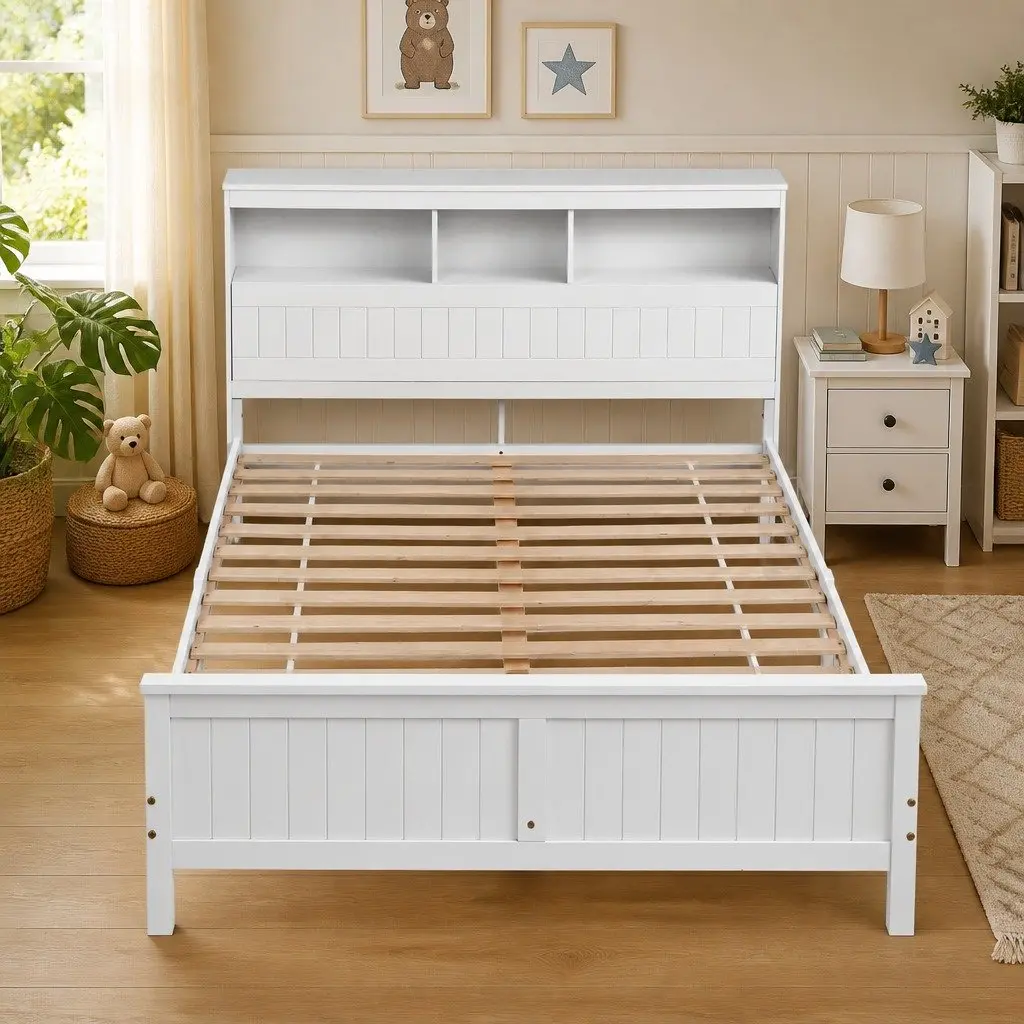 Queen Bed Frame White Wooden Bed Base Storage Headboard Footboard