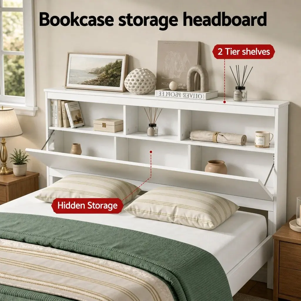 Queen Bed Frame White Wooden Bed Base Storage Headboard Footboard