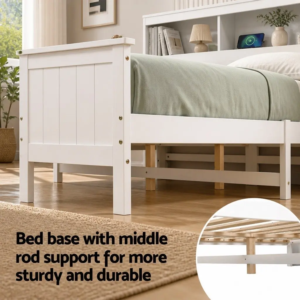 Queen Bed Frame White Wooden Bed Base Storage Headboard Footboard