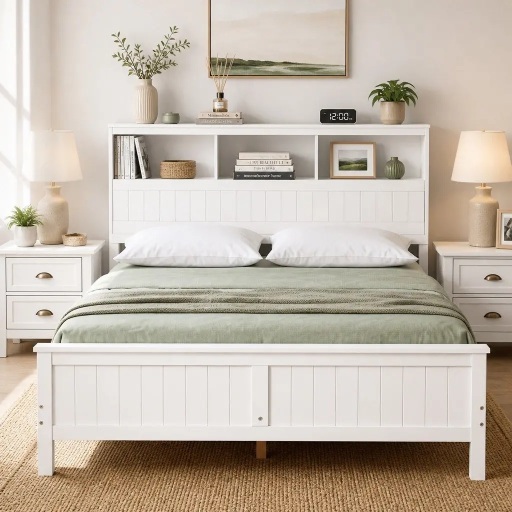 Queen Bed Frame White Wooden Bed Base Storage Headboard Footboard