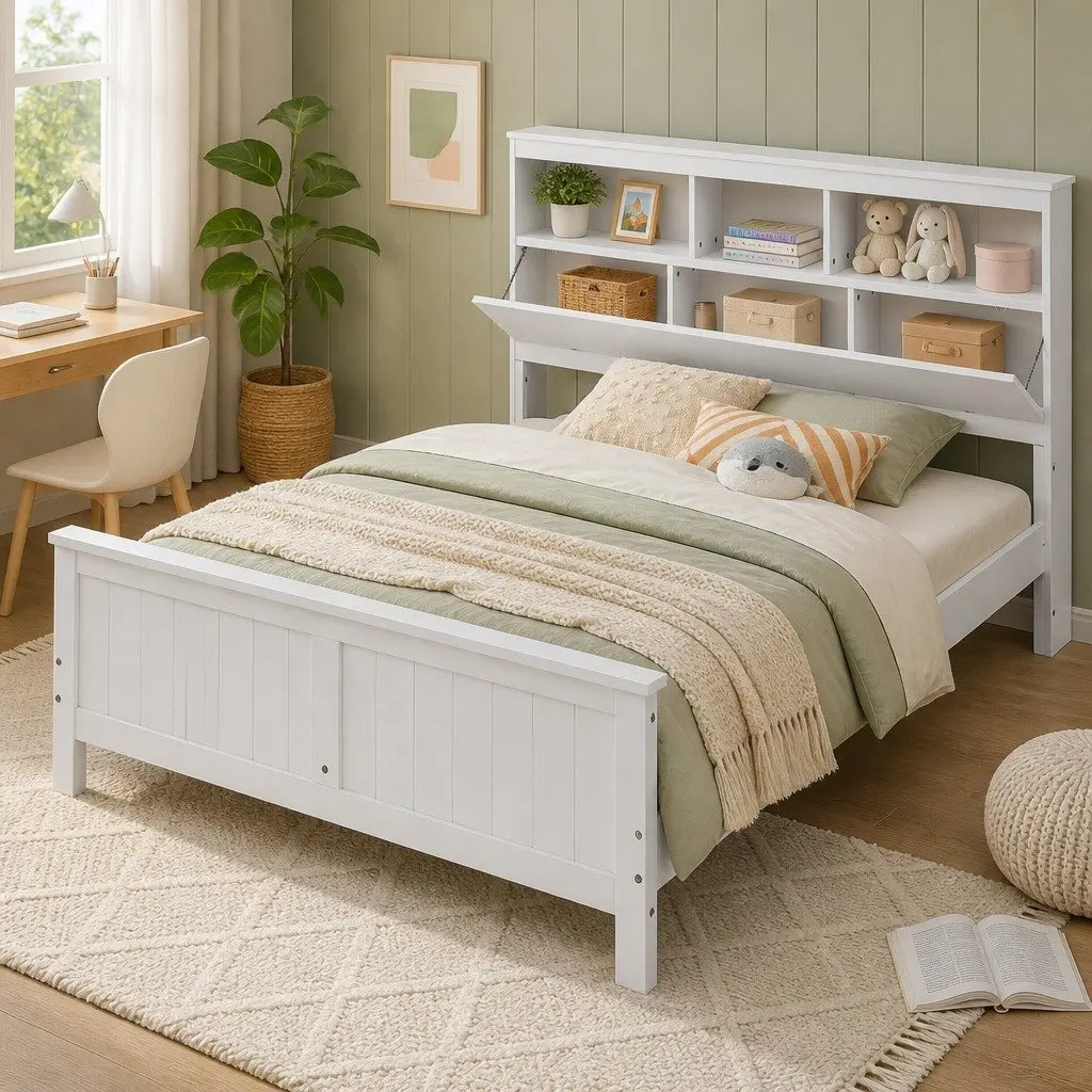 Queen Bed Frame White Wooden Bed Base Storage Headboard Footboard