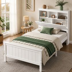 Durable Bed Frame with Storage Headboard