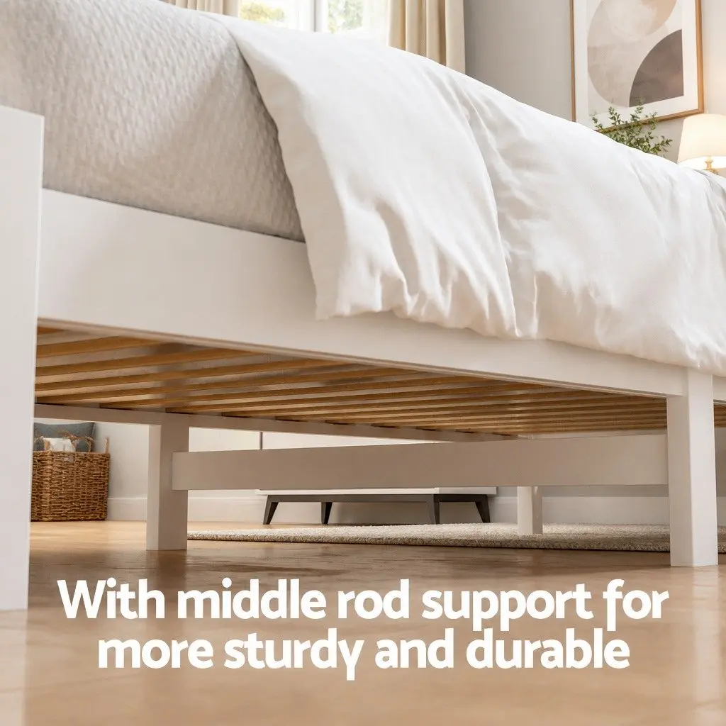 King Single Bed Frame White Wooden Platform with Storage Drawers