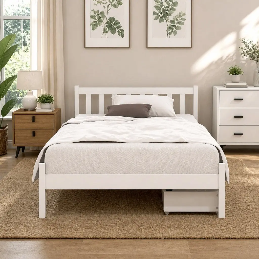 King Single Bed Frame White Wooden Platform with Storage Drawers
