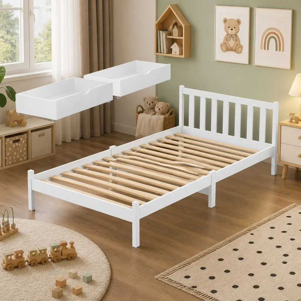 King Single Bed Frame White Wooden Platform with Storage Drawers