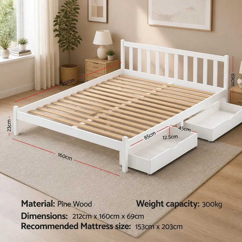 Queen Size Bed Frame White Wooden Platform with 2 Storage Drawers