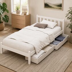 Single Bed Frame Wooden Platform Storage Drawers White Bedroom Furniture