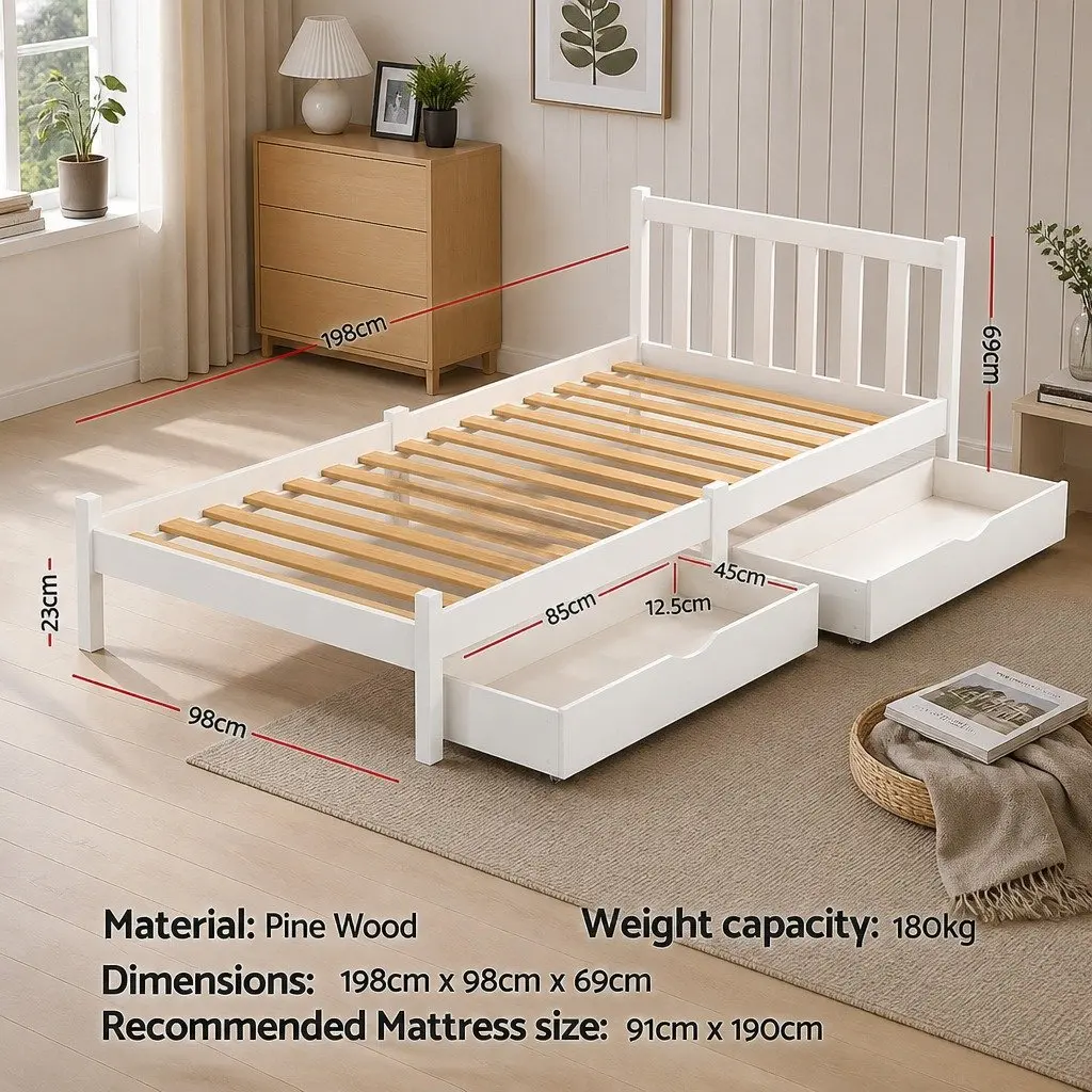 Single Bed Frame White Wooden Platform with Storage Drawers for Bedroom Furniture