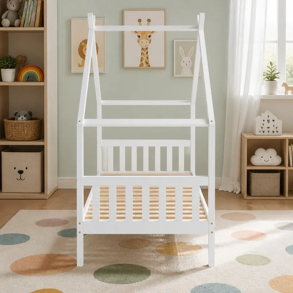 Kids Single House Bed Frame Wooden Base Timber Playhouse White Bedroom Furniture
