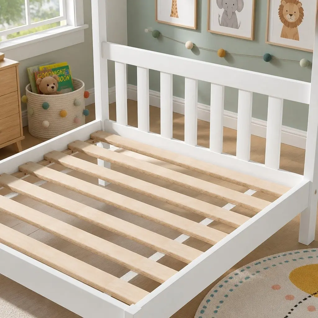 Kids Single House Bed Frame Wooden Base Timber Playhouse White Bedroom Furniture