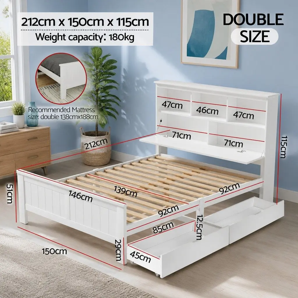 Double Bed Frame White Pine Wood Storage Headboard Suitable for Kids and Adults