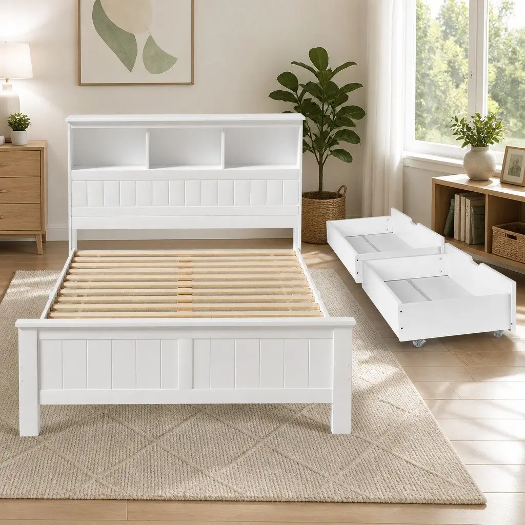 Double Bed Frame White Pine Wood Storage Headboard Suitable for Kids and Adults