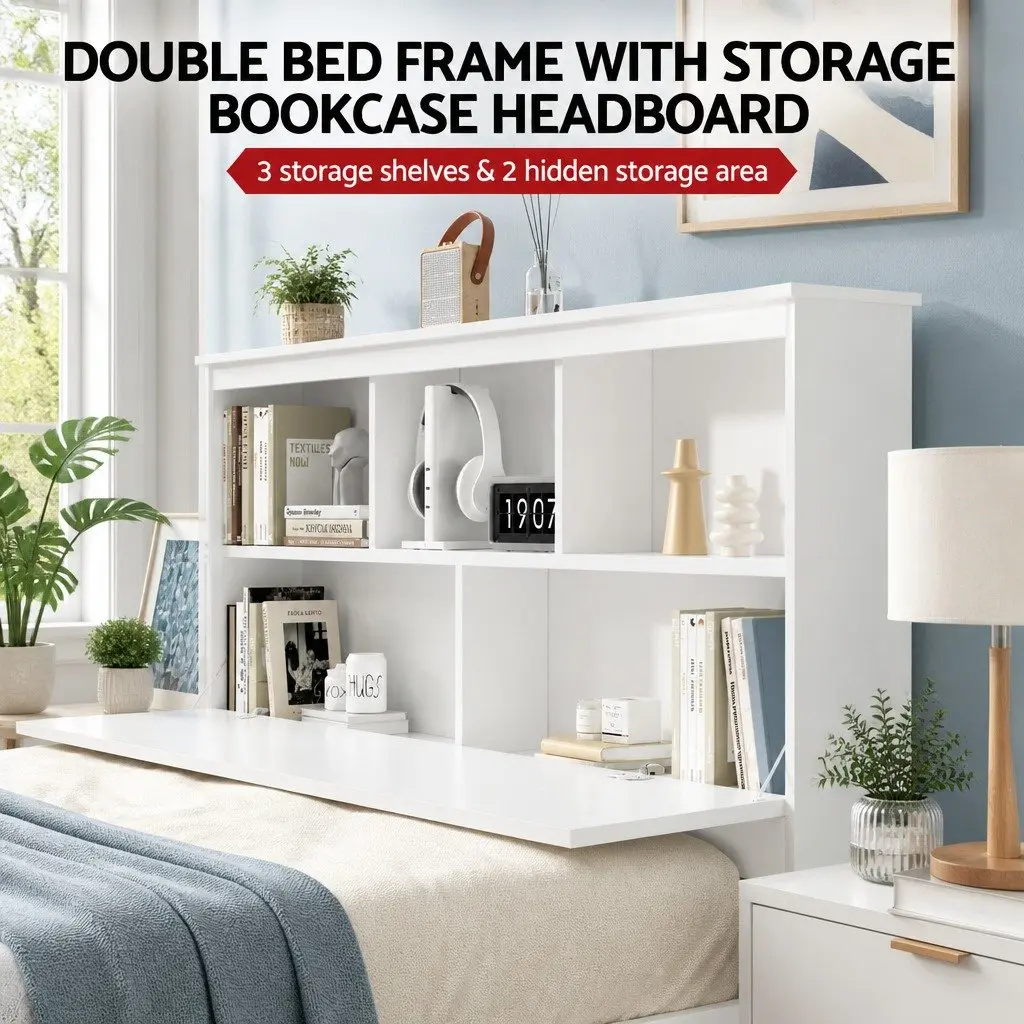 Double Bed Frame White Pine Wood Storage Headboard Suitable for Kids and Adults