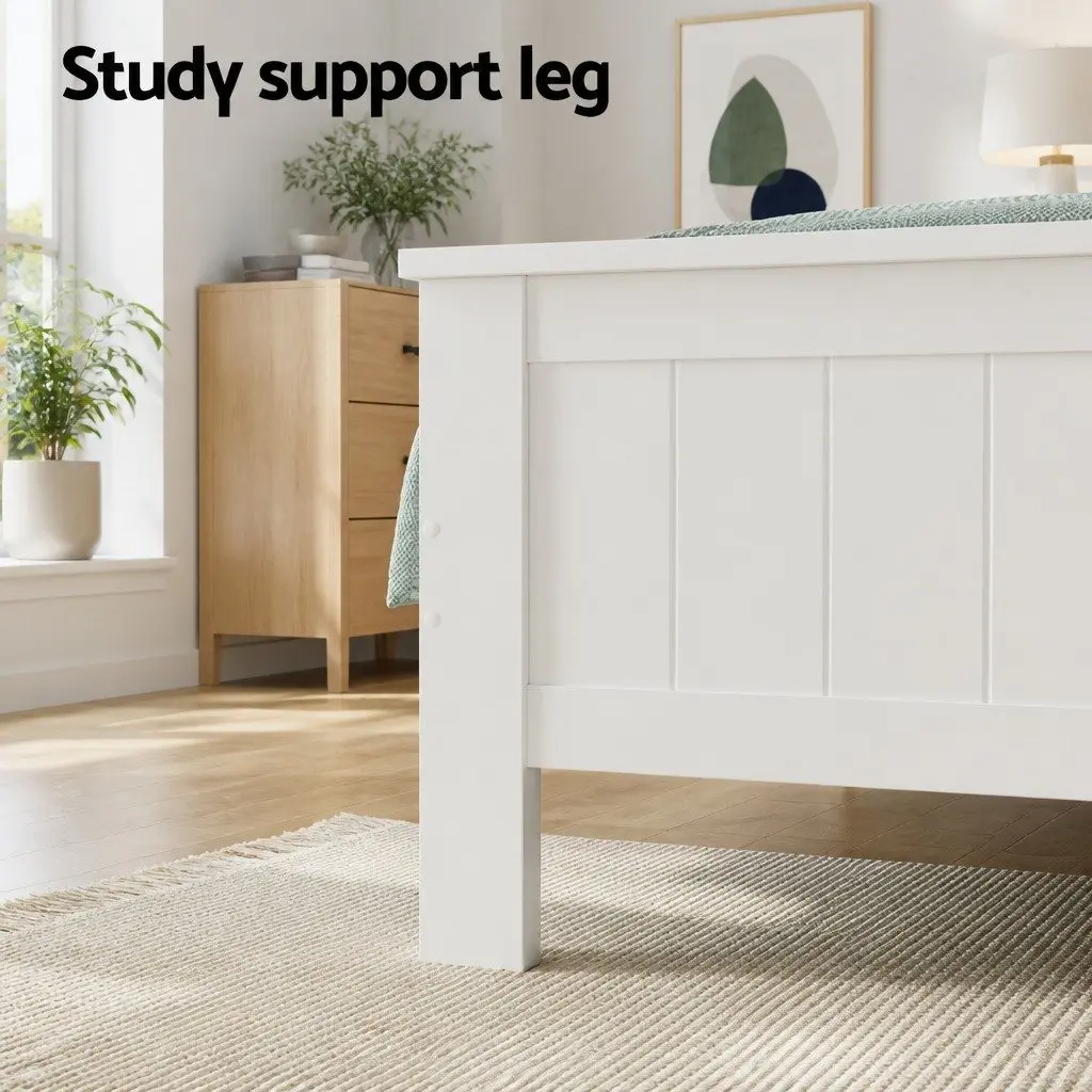 Double Bed Frame White Pine Wood Storage Headboard Suitable for Kids and Adults