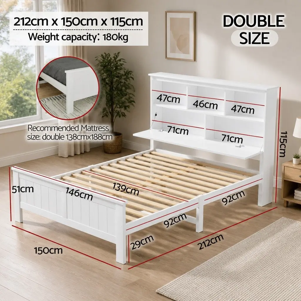 Double Bed Frame White Double Size Wooden with 3 Storage Shelves Headboard