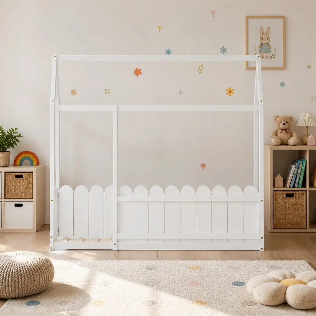 Kids House Bed Frame Single White Wooden Bedroom Furniture with Sturdy