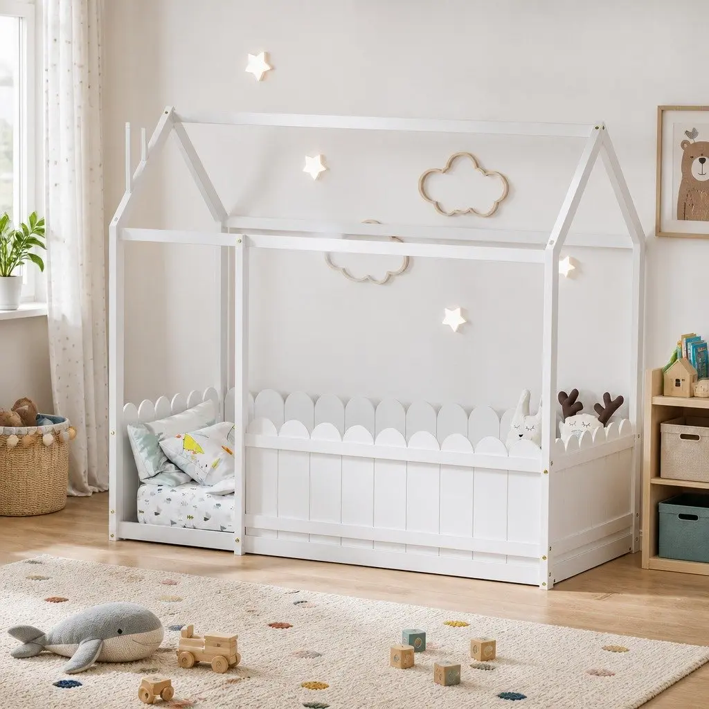 Kids House Bed Frame Single White Wooden Bedroom Furniture with Sturdy