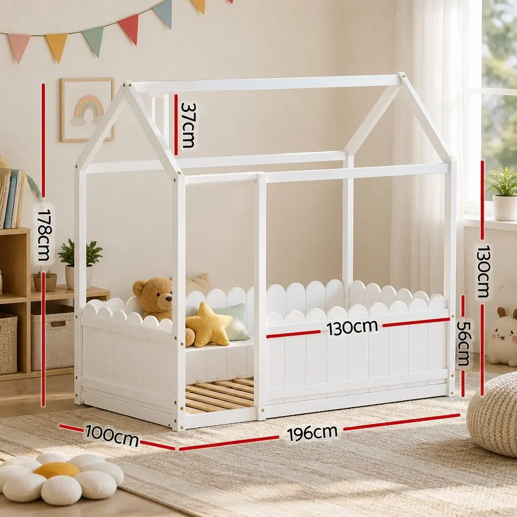Kids House Bed Frame Single White Wooden Bedroom Furniture with Sturdy