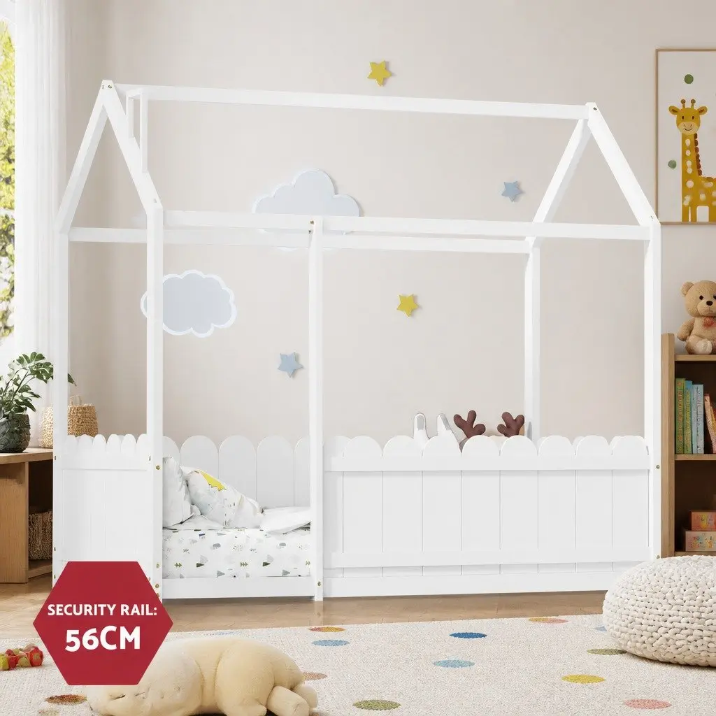 Kids House Bed Frame Single White Wooden Bedroom Furniture with Sturdy