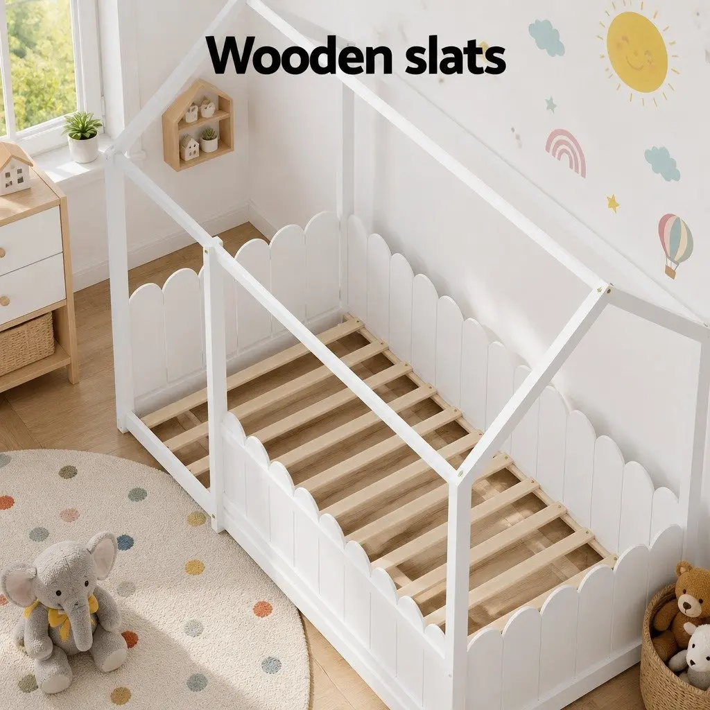 Kids House Bed Frame Single White Wooden Bedroom Furniture with Sturdy