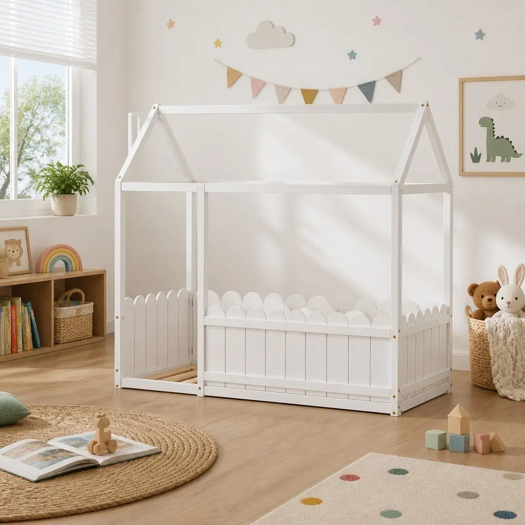 Kids House Bed Frame Single White Wooden Bedroom Furniture with Sturdy