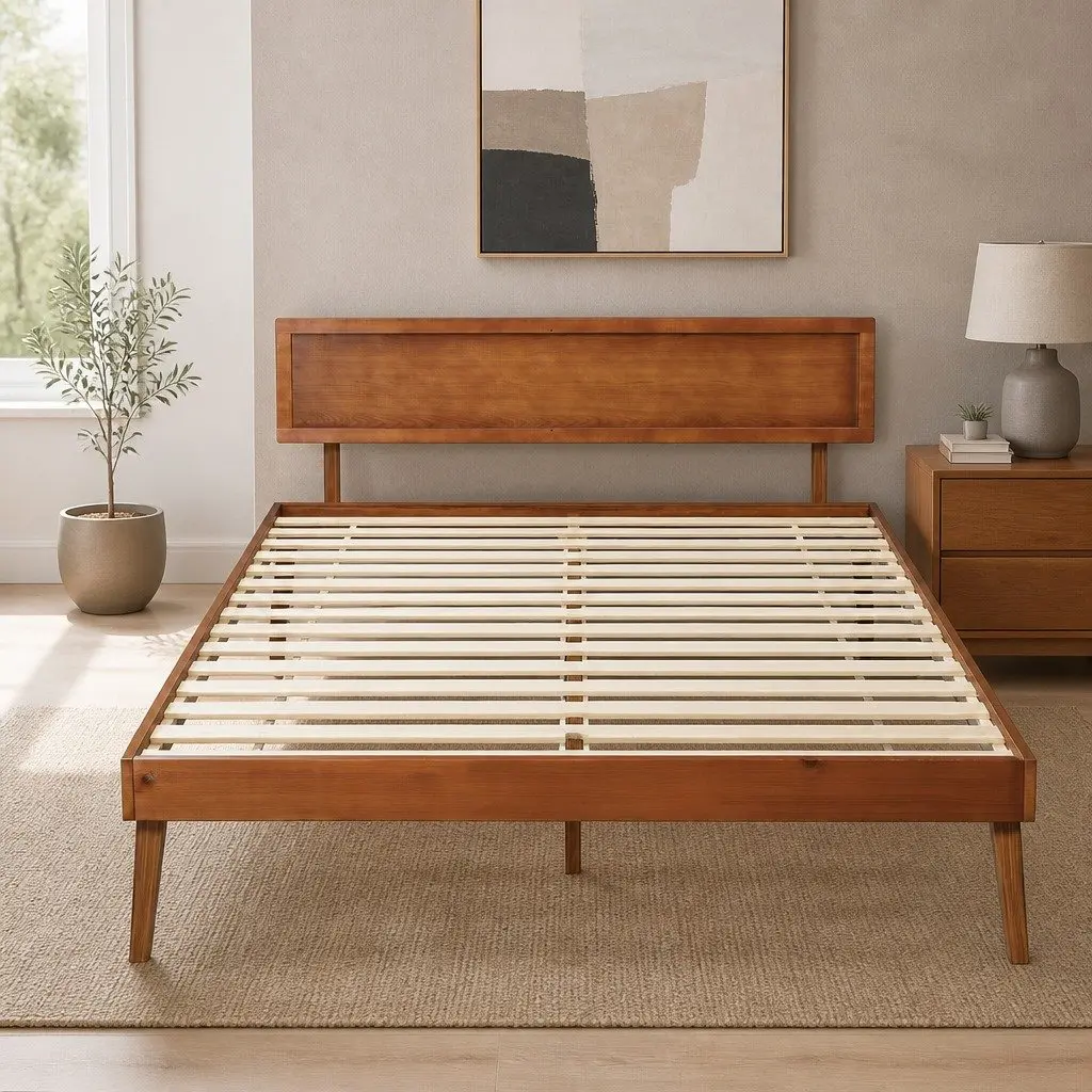 Queen Size Bed Frame Pinewood Walnut Colour Slatted Base Sturdy Support