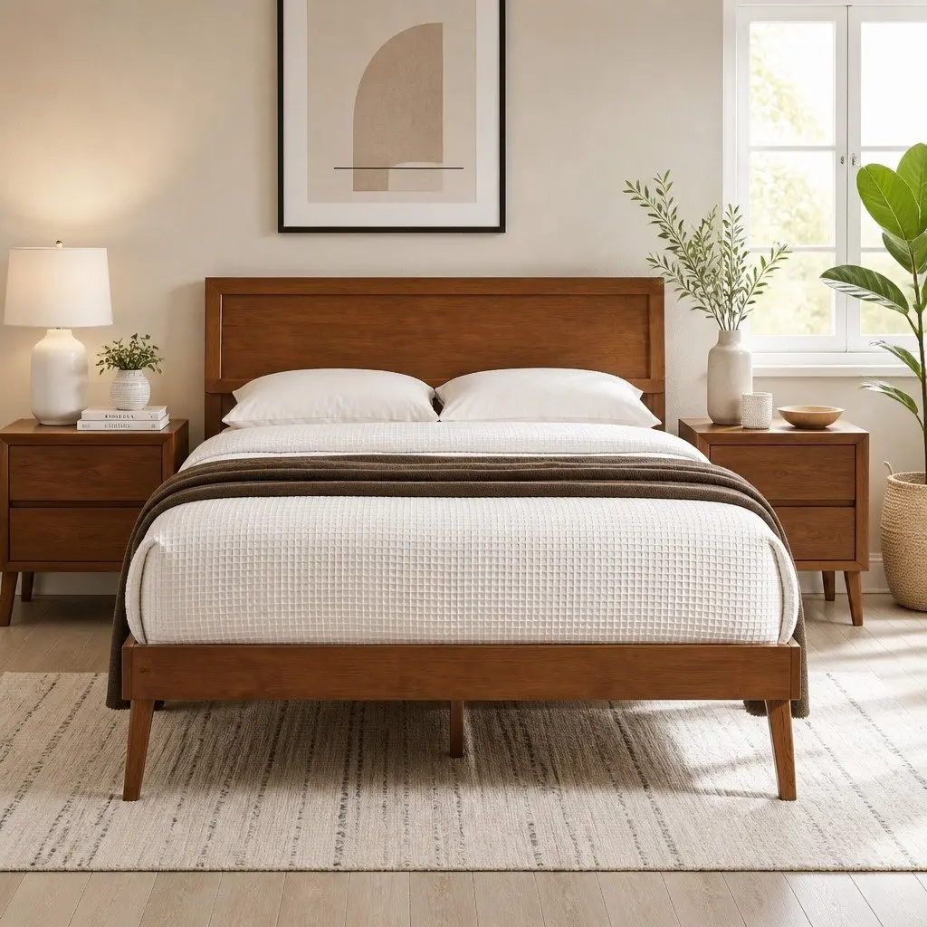 Queen Size Bed Frame Pinewood Walnut Colour Slatted Base Sturdy Support