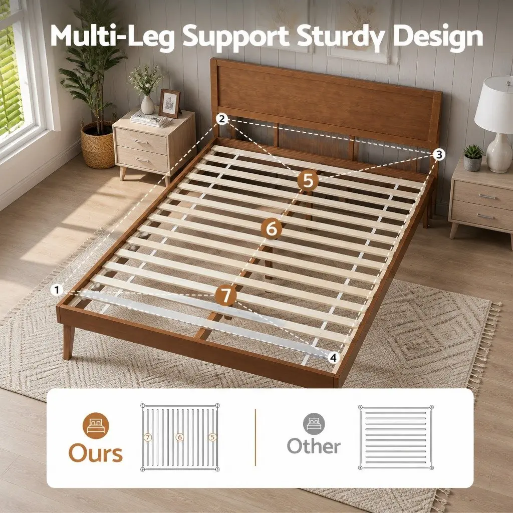 Queen Size Bed Frame Pinewood Walnut Colour Slatted Base Sturdy Support