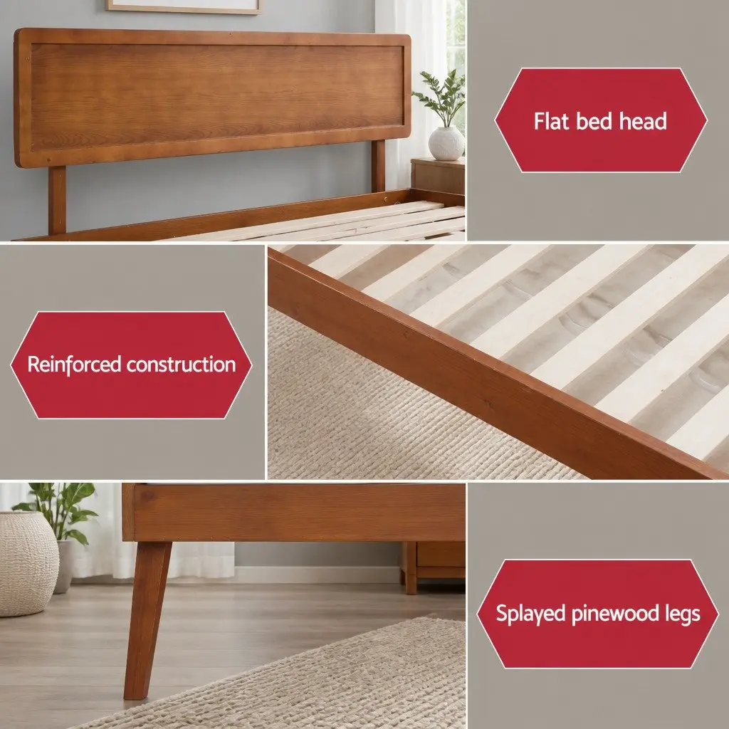 Queen Size Bed Frame Pinewood Walnut Colour Slatted Base Sturdy Support