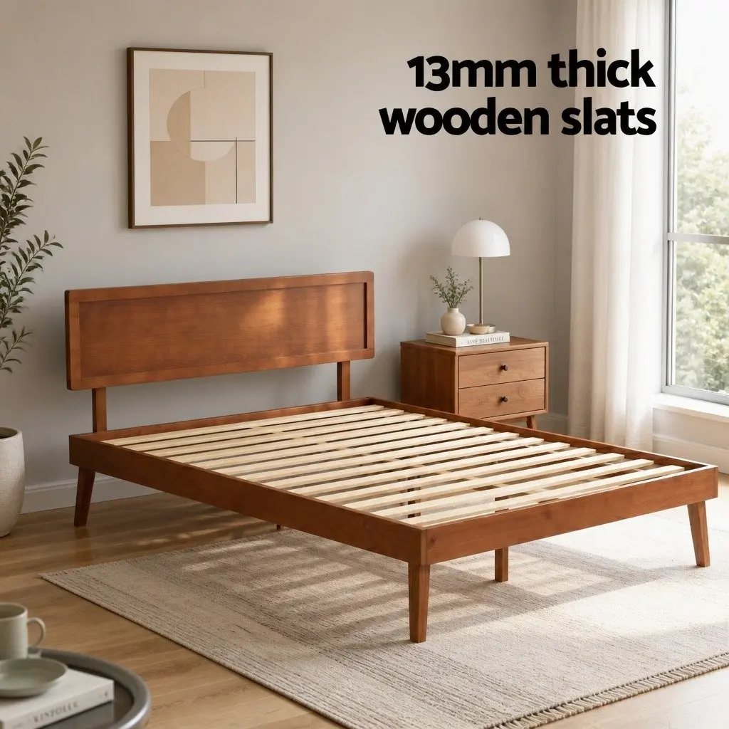 Queen Size Bed Frame Pinewood Walnut Colour Slatted Base Sturdy Support