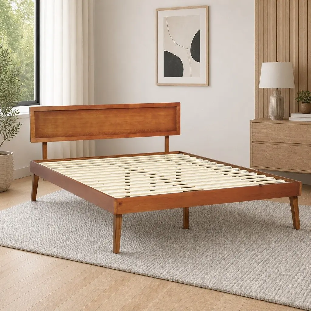 Queen Size Bed Frame Pinewood Walnut Colour Slatted Base Sturdy Support