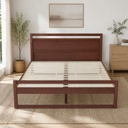 Compact Walnut Double Bed Frame with Solid Pinewood