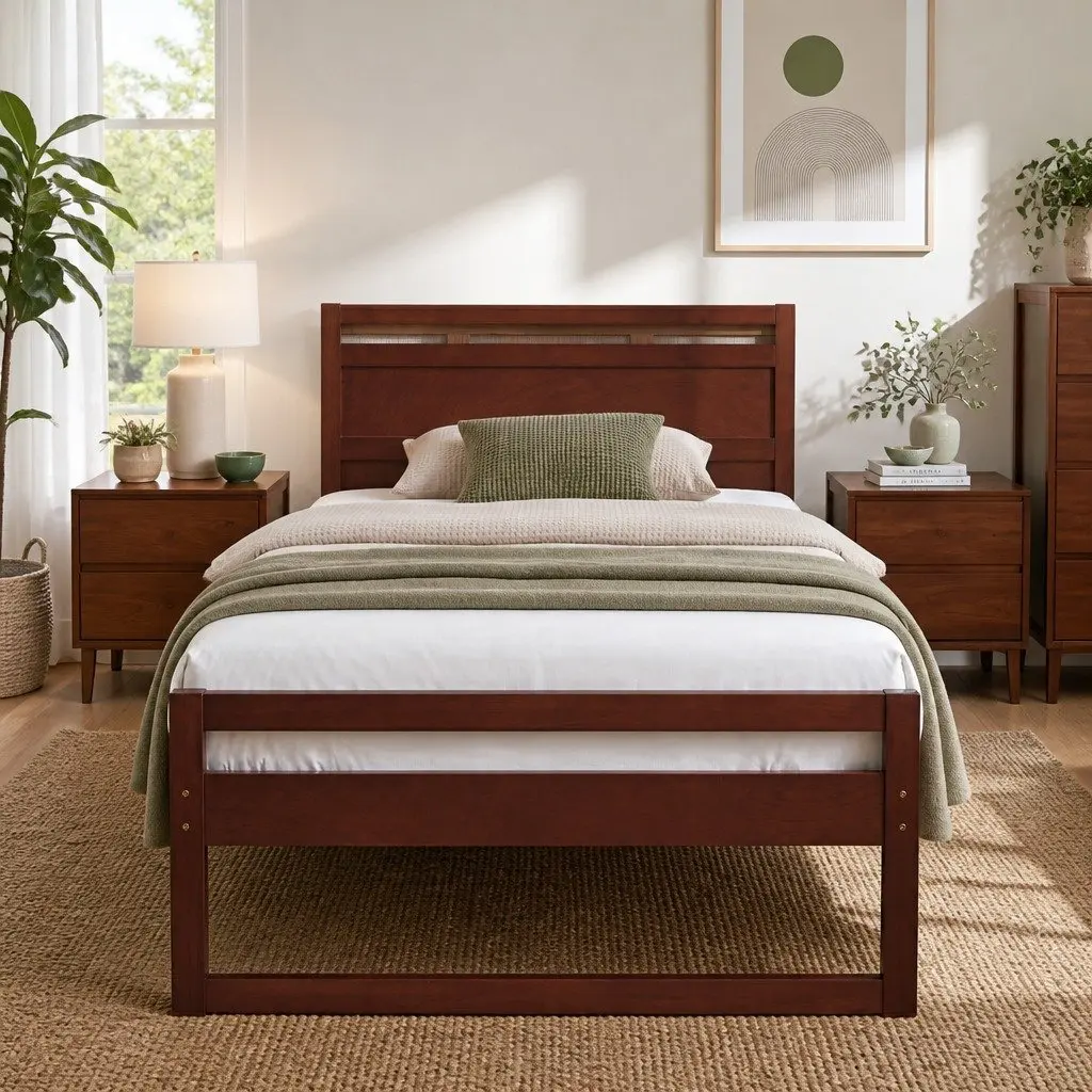 King Single Bed Frame Walnut Pinewood Flat Head Rustic Style Slatted Base