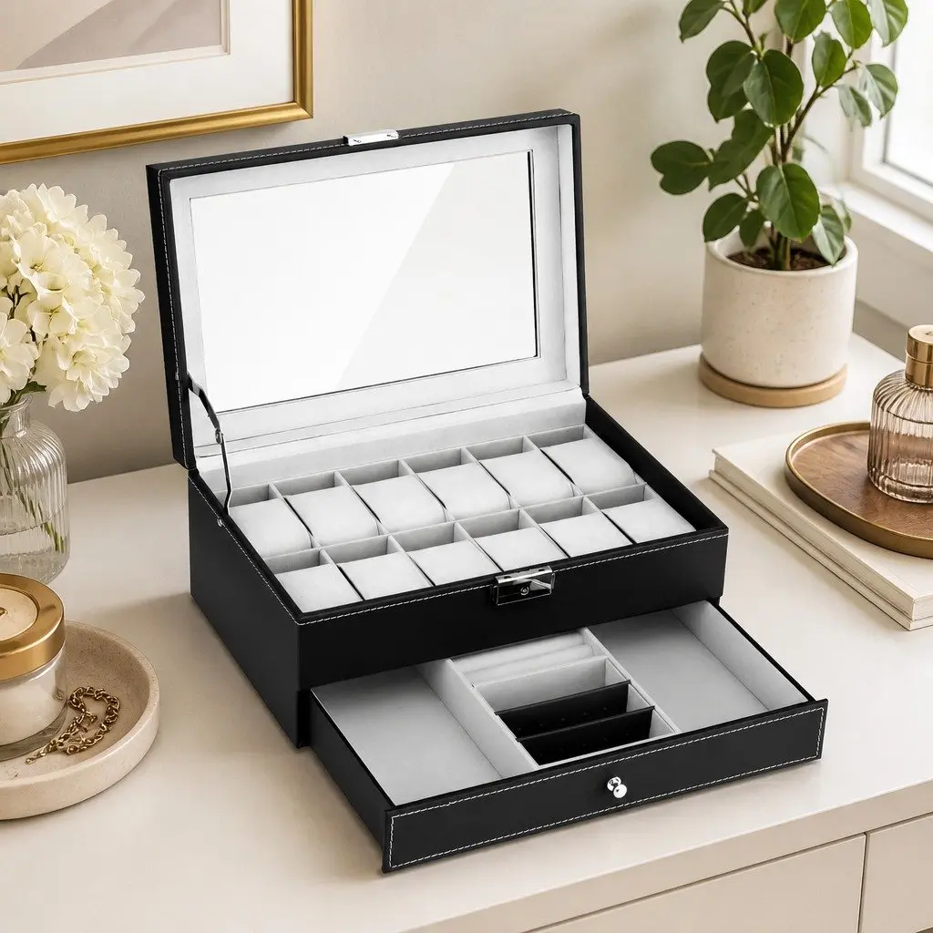 Watch Box Organizer Black 12 Grid Two-Tier Acrylic Lid Storage Case