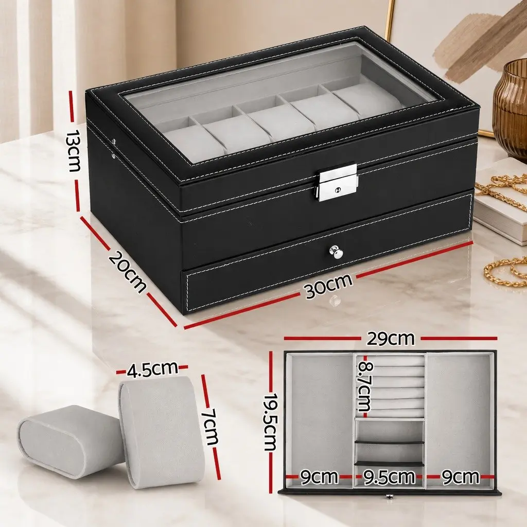 Watch Box Organizer Black 12 Grid Two-Tier Acrylic Lid Storage Case