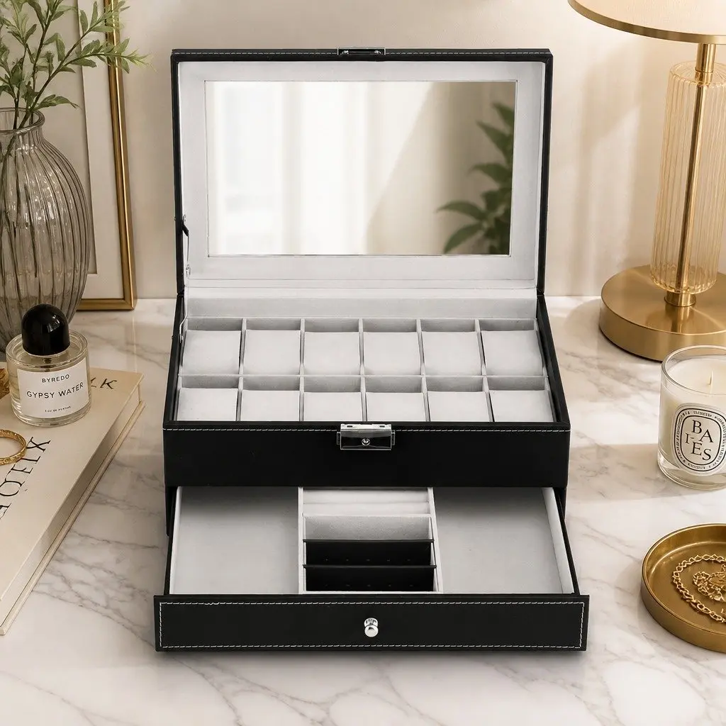 Watch Box Organizer Black 12 Grid Two-Tier Acrylic Lid Storage Case