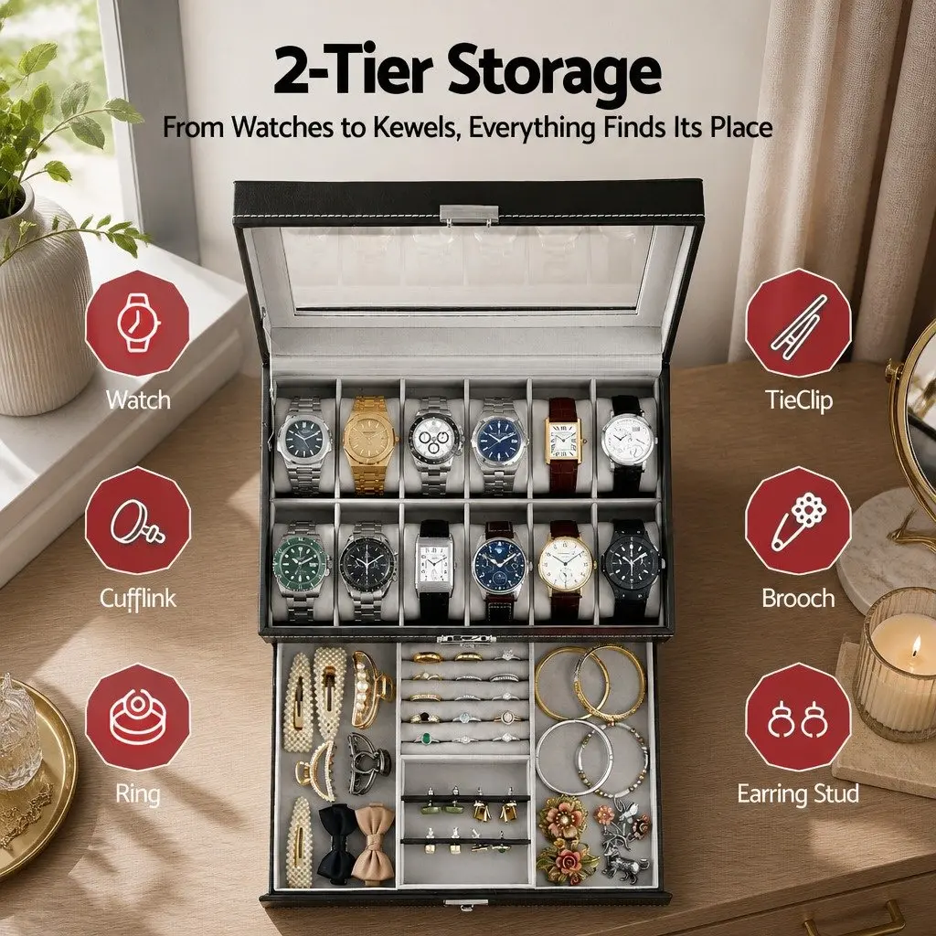 Watch Box Organizer Black 12 Grid Two-Tier Acrylic Lid Storage Case