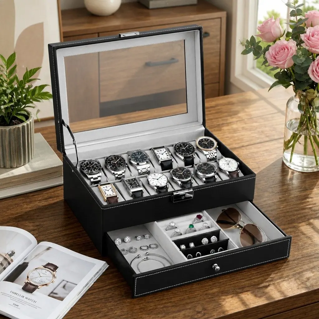 Watch Box Organizer Black 12 Grid Two-Tier Acrylic Lid Storage Case