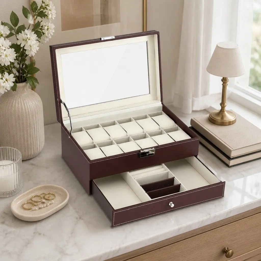 Watch Box Organizer Brown Two-Tier Clear Glass Display Large Capacity Storage