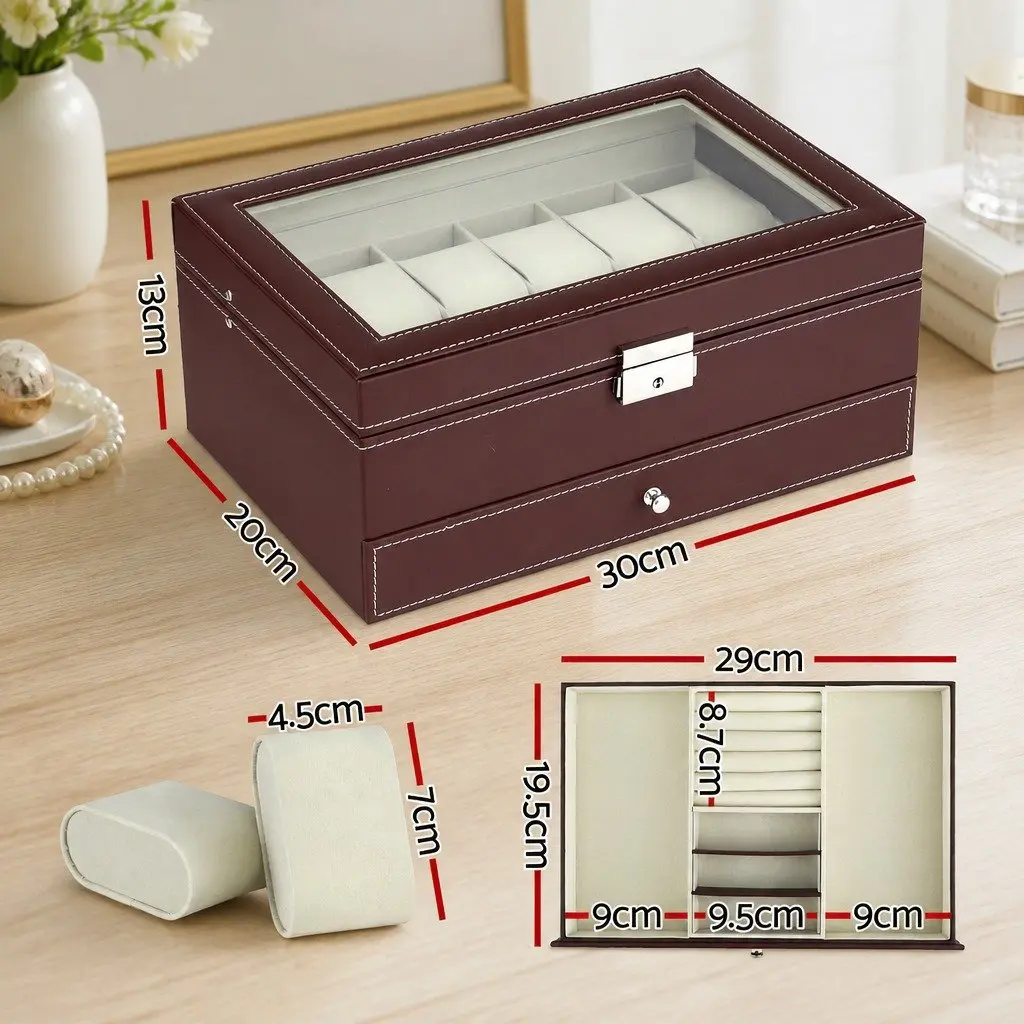 Watch Box Organizer Brown Two-Tier Clear Glass Display Large Capacity Storage